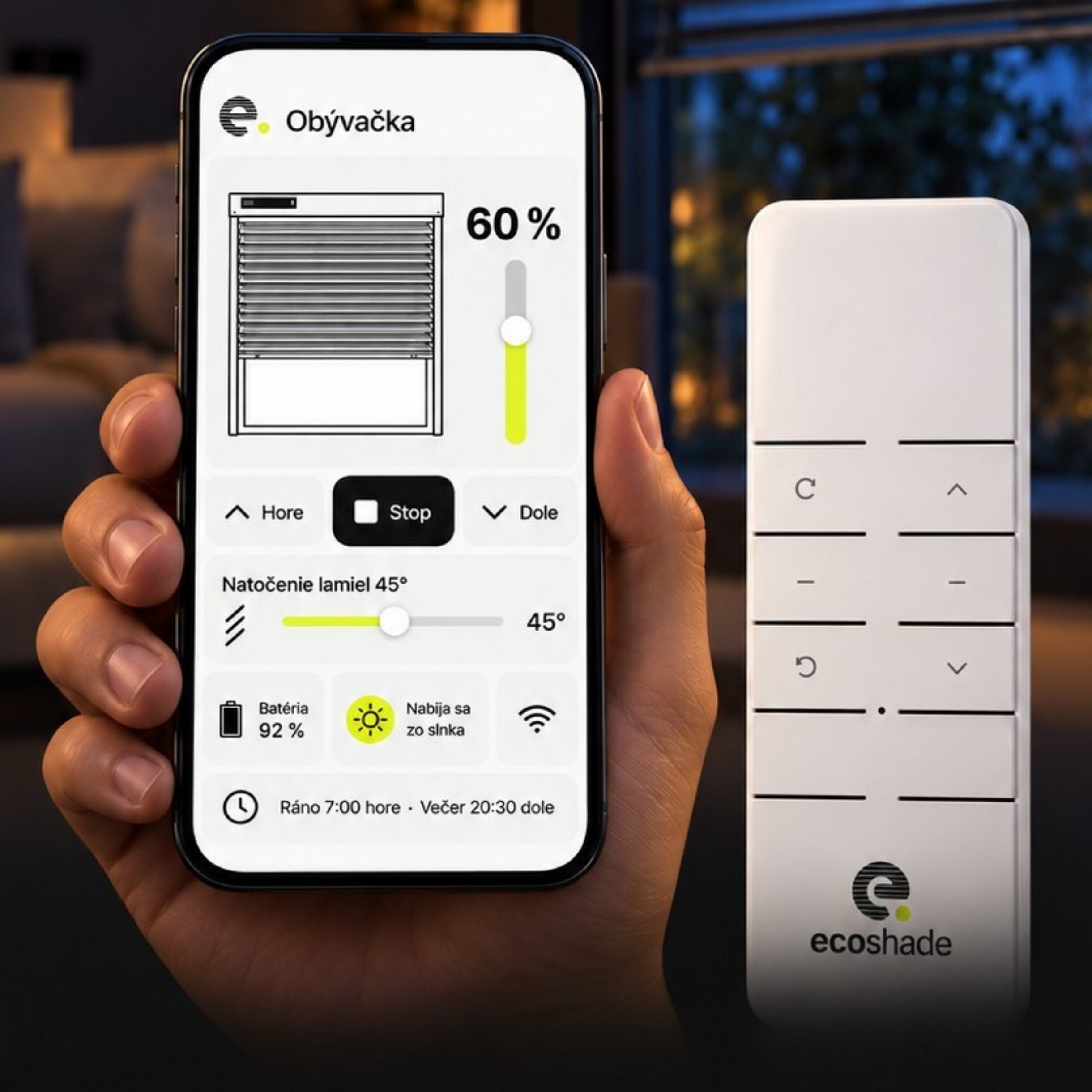 Aplikácia EcoShade v mobile a diaľkový ovládač
